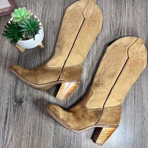 *Miss Capezio | Vintage Brown/Tan Suede Butterfly Heeled Western Boots Size 5.5